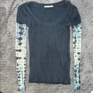 Free People Gray and Blue Fitted Long Sleeve Blouse